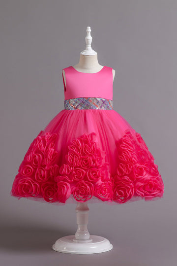 Fuchsia A Line Lantejoulas Vestido de Menina Flor